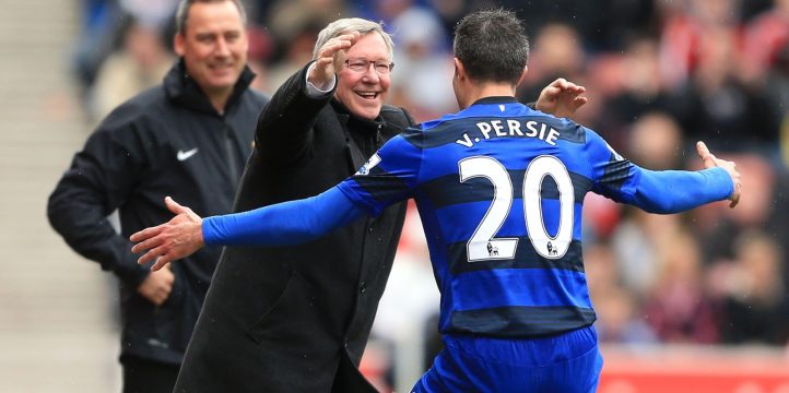 Robin van Persie and Sir Alex Ferguson celebrate Manchester United's second goal against Stoke City, April 2013.