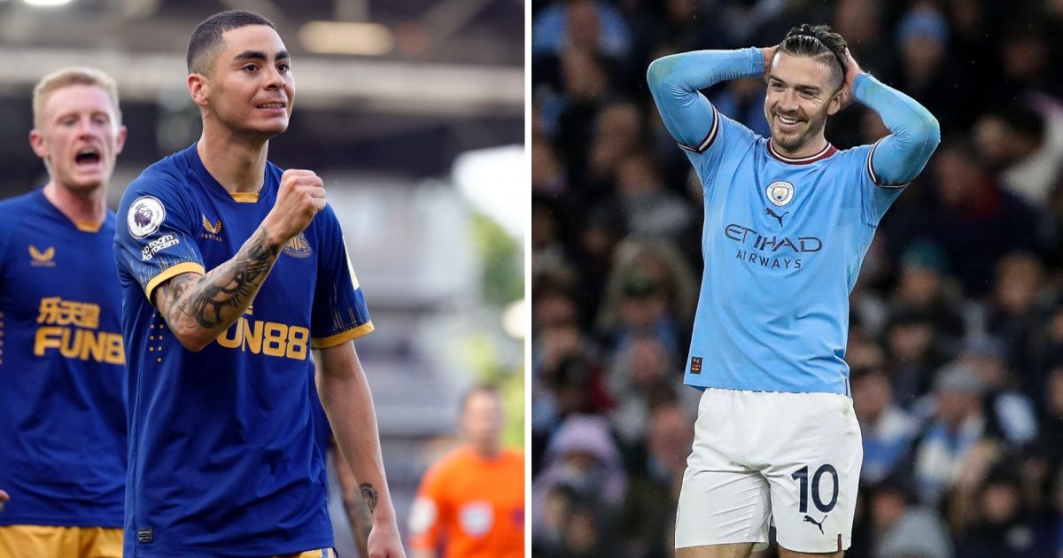 Newcastle United's Miguel Almiron (left) and Man City's Jack Grealish (right)