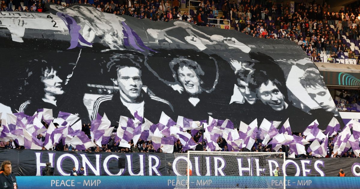 Anderlecht fans display banners in the stands before the Europa Conference League match between Anderlecht and West Ham United at Lotto Park, Brussels, Belgium, October 2022.