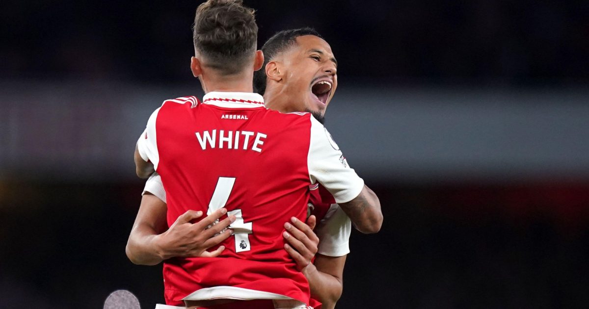 Arsenal's Ben White and William Saliba celebrate at the final whistle after the Premier League match between Arsenal and Liverpool at Emirates Stadium, London, October 2022.