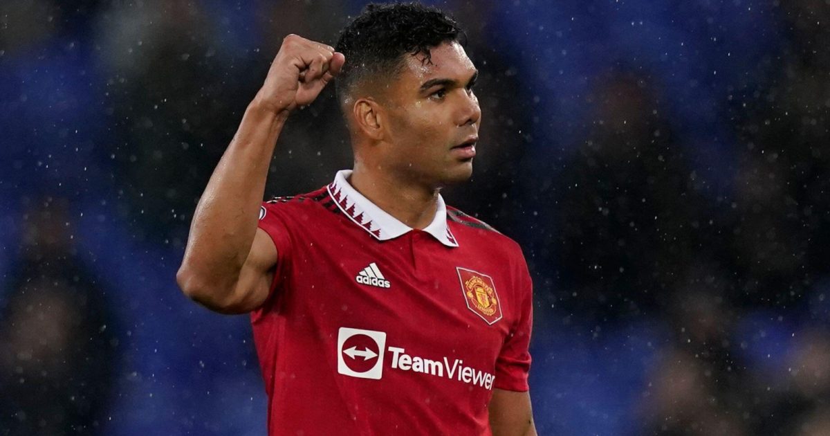Casemiro celebrates after the Premier League match between Everton and Manchester United at Goodison Park, Liverpool, October 2022.