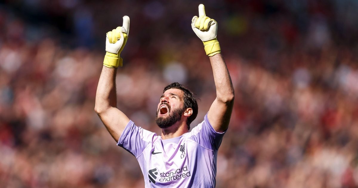 Alisson Becker of Liverpool celebrates their first goal to make the score 1-0 during the Premier League match between Liverpool and Bournemouth at Anfield on August 27th 2022 in Liverpool, England.
