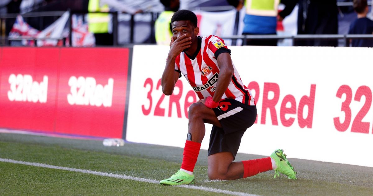 Sunderland's Amad Diallo reacting after the goal by team-mate Jack Clarke (not in picture) is disallowed during the Sky Bet Championship match at Vicarage Road, Watford. Picture date: Saturday September 17, 2022.