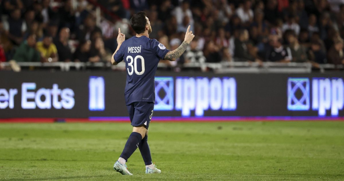 Lionel Messi of PSG celebrates his goal during the French championship Ligue 1 football match between AC Ajaccio (ACA) and Paris Saint-Germain (PSG on October 21, 2022 at Stade Francois Coty in Ajaccio, France