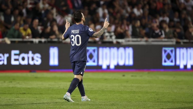 Lionel Messi of PSG celebrates his goal during the French championship Ligue 1 football match between AC Ajaccio (ACA) and Paris Saint-Germain (PSG on October 21, 2022 at Stade Francois Coty in Ajaccio, France
