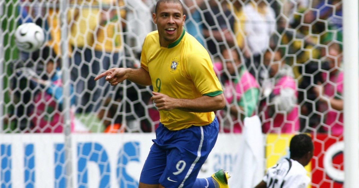 Ronaldo celebrates scoring for Brazil in their 2006 World Cup match against Ghana at Westfalenstadion, Dortmund, Germany, June 2006.