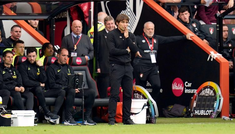 Tottenham Hotspur manager Antonio Conte on the touchline during the Premier League match at the Vitality Stadium, Bournemouth. Picture date: Saturday October 29, 2022.