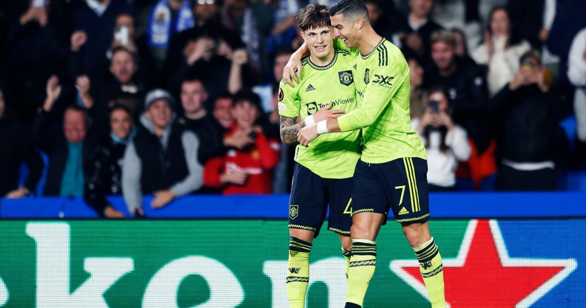 Manchester United pair Alejandro Garnacho and Cristiano Ronaldo celebrate the former's goal against Real Sociedad at Anoeta, San Sebastian, Spain, November 2022.