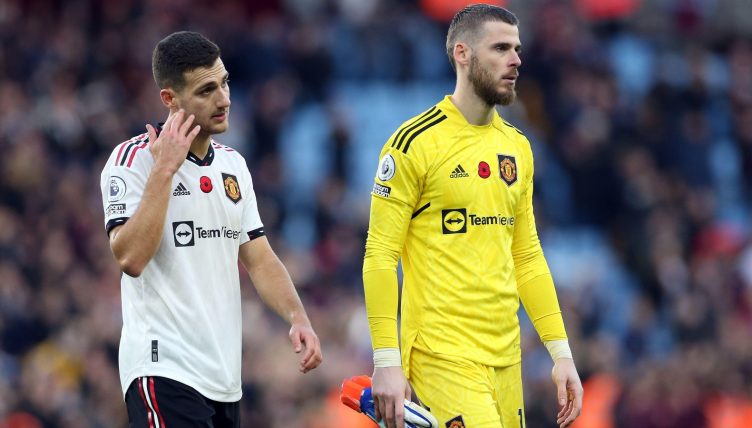 Diogo Dalot and David de Gea trudge off the pitch after the Premier League match between Aston Villa and Manchester United at Villa Park, Birmingham, November 2022.