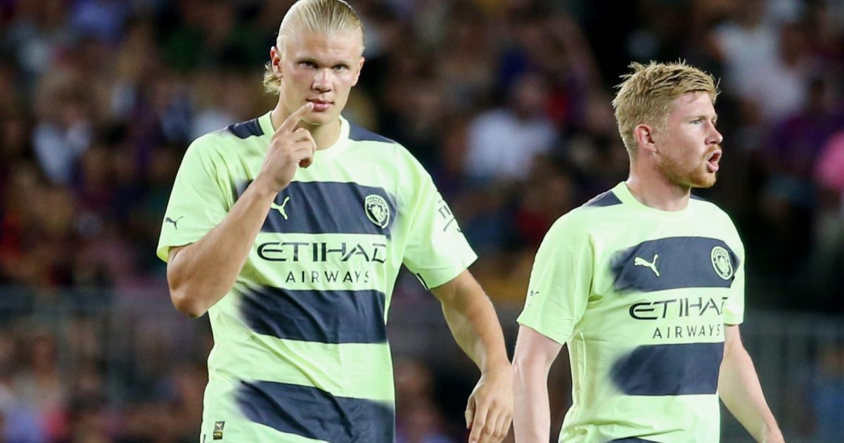 Erling Haaland and Kevin De Bruyne of Manchester City during the Friendly Football match between FC Barcelona and Manchester City on August 24, 2022 at Camp Nou stadium in Barcelona, Spain