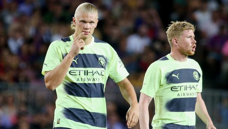 Erling Haaland and Kevin De Bruyne of Manchester City during the Friendly Football match between FC Barcelona and Manchester City on August 24, 2022 at Camp Nou stadium in Barcelona, Spain
