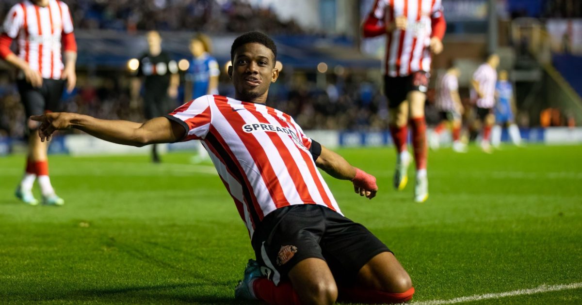 Manchester United loanee Amad Diallo #16 of Sunderland celebrates scoring a goal during the Sky Bet Championship match Birmingham City vs Sunderland at St Andrews, Birmingham, United Kingdom, 11th November 2022