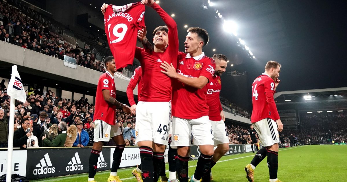 Manchester United's Alejandro Garnacho celebrates scoring the winning goal against Fulham at Craven Cottage, London, November 2022.