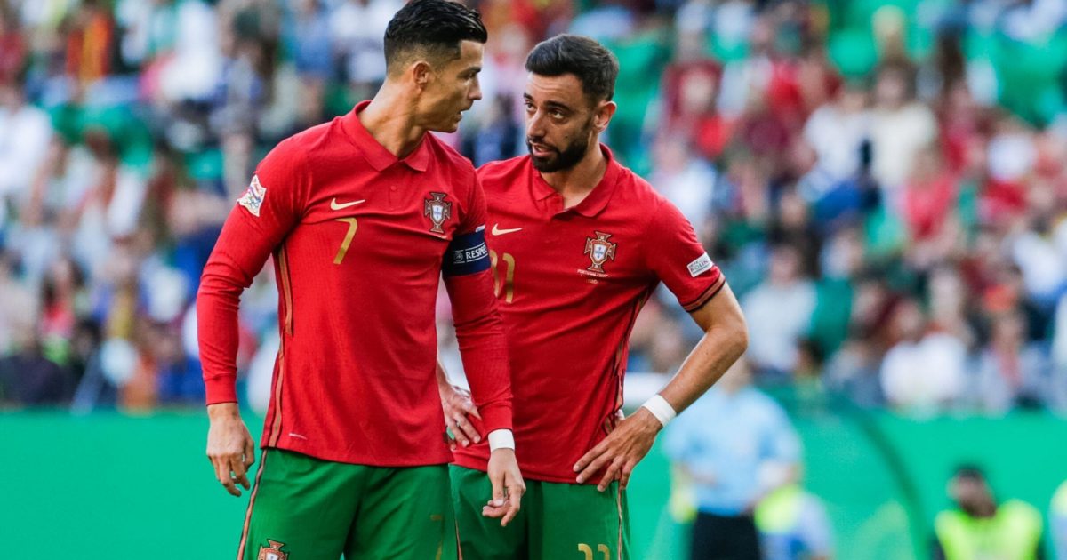Cristiano Ronaldo and Bruno Fernandes communicate during the UEFA Nations League match between Portugal and Switzerland at Estadio Jose Alvalade, Lisbon, June 2022.