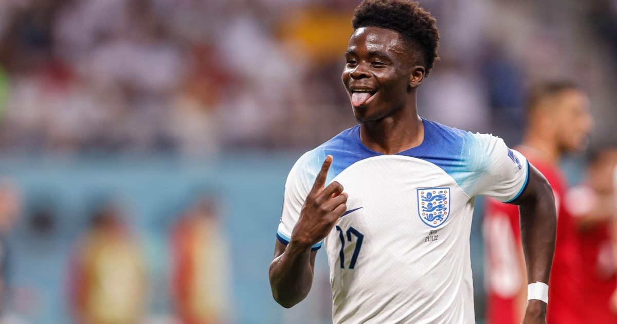 Bukayo Saka celebrates scoring during the during the FIFA World Cup match between England and Iran at Khalifa International Stadium, Doha, Qatar, November 2022.