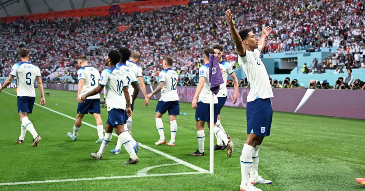 Jude Bellingham of England (1st, R) celebrates after scoring during the Group B match between England and Iran at the 2022 FIFA World Cup at Khalifa International Stadium in Doha, Qatar, Nov. 21, 2022.