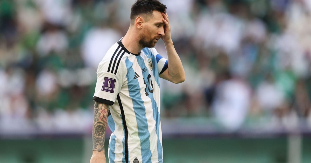 Lionel Messi of Argentina rubbing his forehead in disappointment during the 2nd half against Saudi Arabia at Lusail Iconic Stadium, Lusail, Qatar, November 2022.