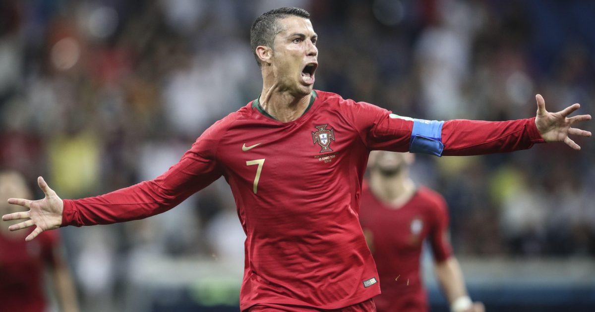 Cristiano Ronaldo celebrates scoring his hat-trick for Portugal against Spain in their FIFA World Cup match at Sochi Arena, Sochi, Russia, June 2018.