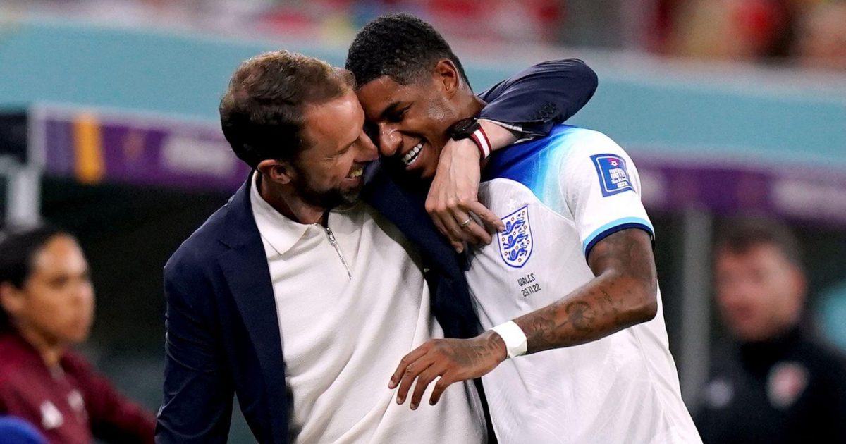 England's Marcus Rashford with manager Gareth Southgate as he is substituted during the FIFA World Cup Group B match at the Ahmad Bin Ali Stadium, Al Rayyan, Qatar.