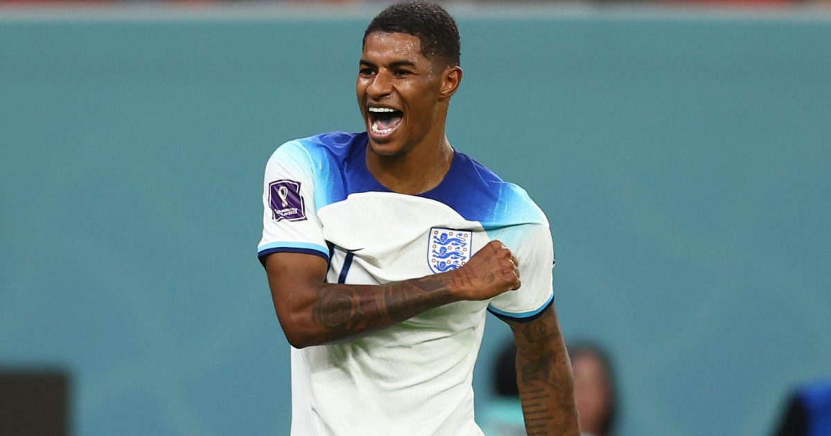 Marcus Rashford of England celebrates scoring their third goal during the FIFA World Cup 2022