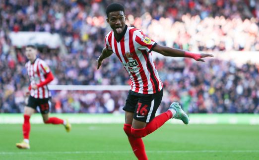 Amad Diallo celebrates scoring during the Championship match between Sunderland and Burnley at Stadium of Light, Sunderland, October 2022.