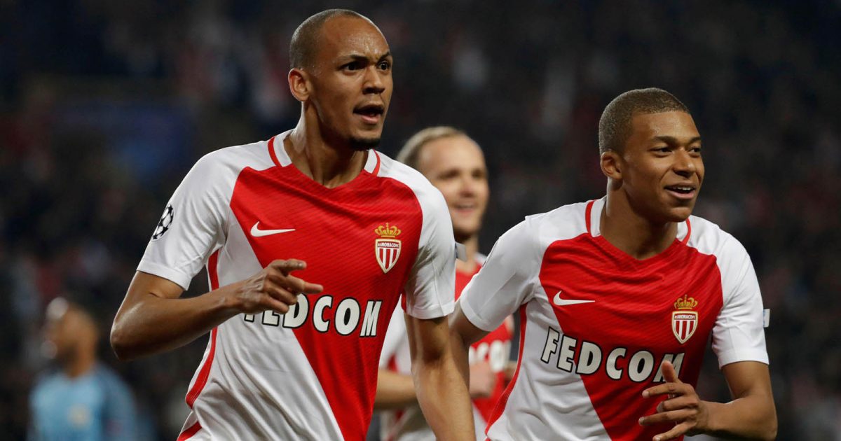 Monaco's Fabinho celebrates with Kylian Mbappe-Lottin