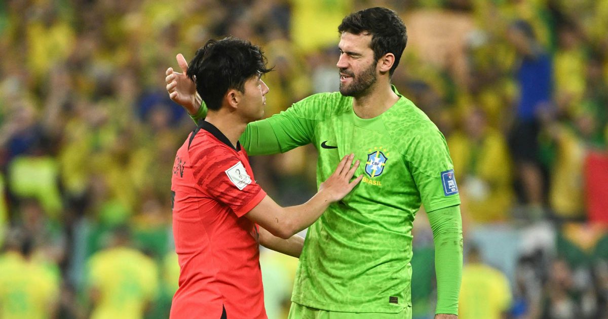 Brazil's goalkeeper Alisson and Son Heung-min of South Korea greet each other after their Round of 16 match