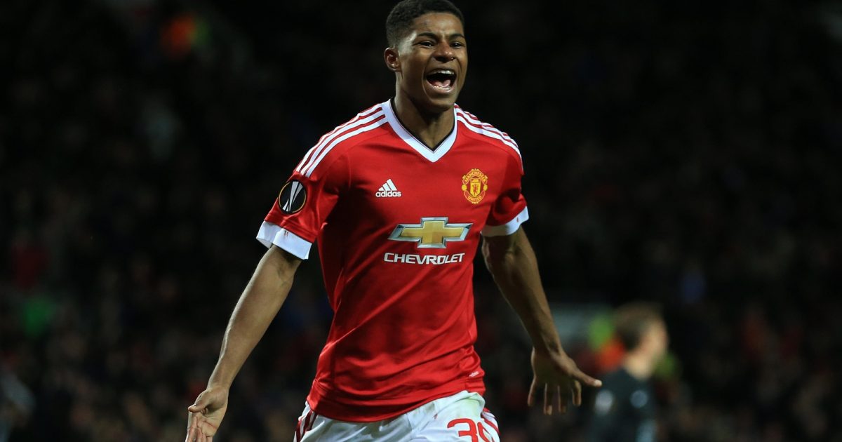 Manchester United's Marcus Rashford celebrates scoring his side's third goal against FC Midtjylland at Old Trafford, Manchester, February 2016.