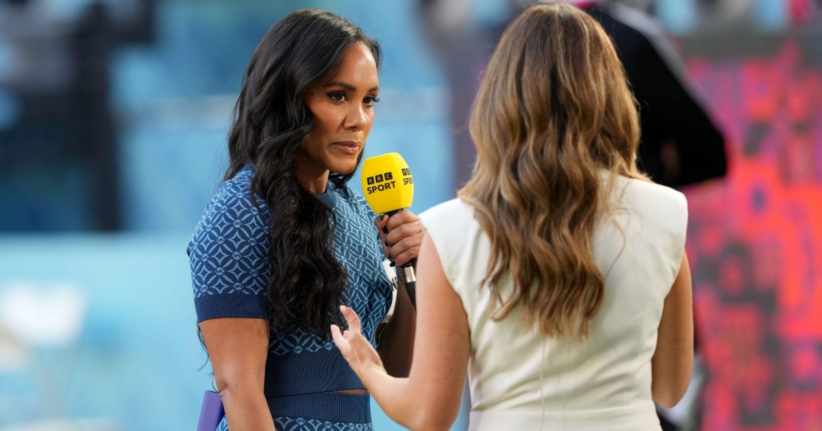 BBC presenter Alex Scott (left) before the FIFA World Cup Group B match between England and Iran at Khalifa International Stadium, Doha, Qatar, November 2022.