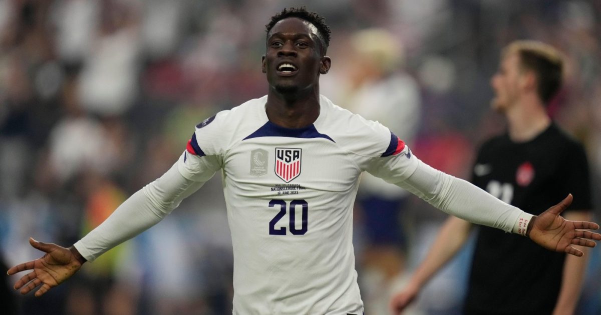 Folarin Balogun of the United States celebrates after scoring against Canada during the first half of a CONCACAF Nations League final