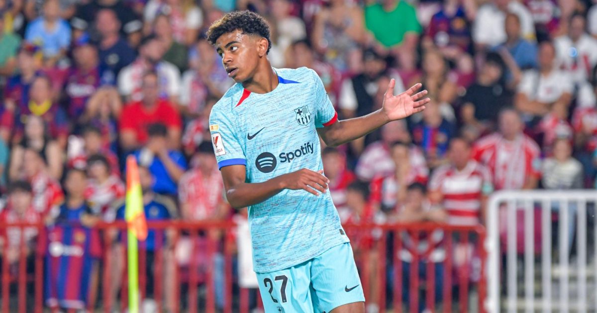 Lamine Yamal of FC Barcelona reacts after a fail during the match between Granada CF and FC Barcelona of La Liga EA Sports on October 8, 2023 at Estadio Nuevo Los Carmenes at Granada, Spain.