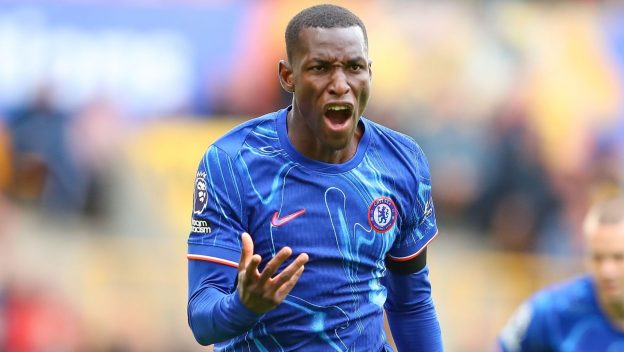 Wolverhampton, UK. 25th Aug, 2024. Nicolas Jackson of Chelsea celebrates his sideÕs first goal during the Premier League match between Wolverhampton Wanderers and Chelsea