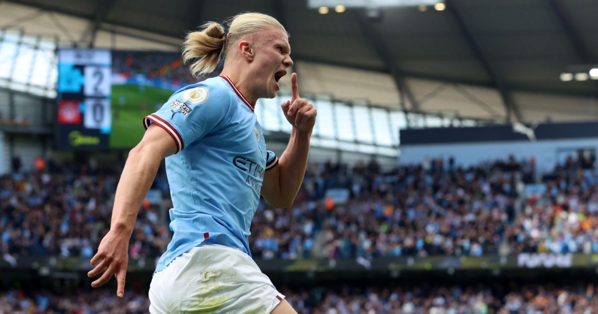 City Stadium, Manchester, UK. 2nd Oct, 2022. Premier League football, Manchester City versus Manchester United; Erling Haaland of Manchester City celebrates after scoring his sides third goal