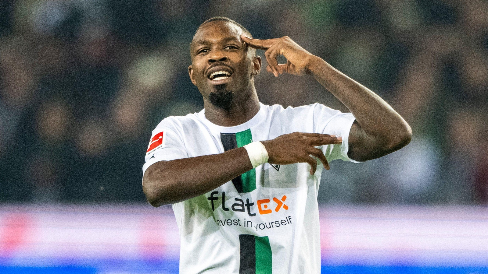 04 November 2022, North Rhine-Westphalia, M?nchengladbach: Soccer: Bundesliga, Borussia M?nchengladbach - VfB Stuttgart, Matchday 13, Borussia Park: Gladbach's Marcus Thuram celebrates after scoring to make it 2-0.