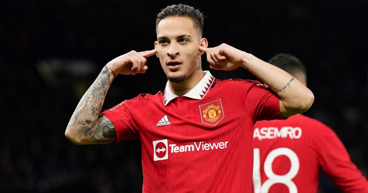 Antony celebrates scoring during the FA Cup match between Manchester United and Everton at Old Trafford, Manchester, January 2023.