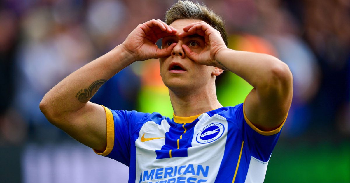 Brighton, UK. 29th Oct, 2022. Leandro Trossard of Brighton and Hove Albion celebrates after scoring the opening goal during the Premier League match between Brighton & Hove Albion and Chelsea at The Amex on October 29th 2022 in Brighton, England.