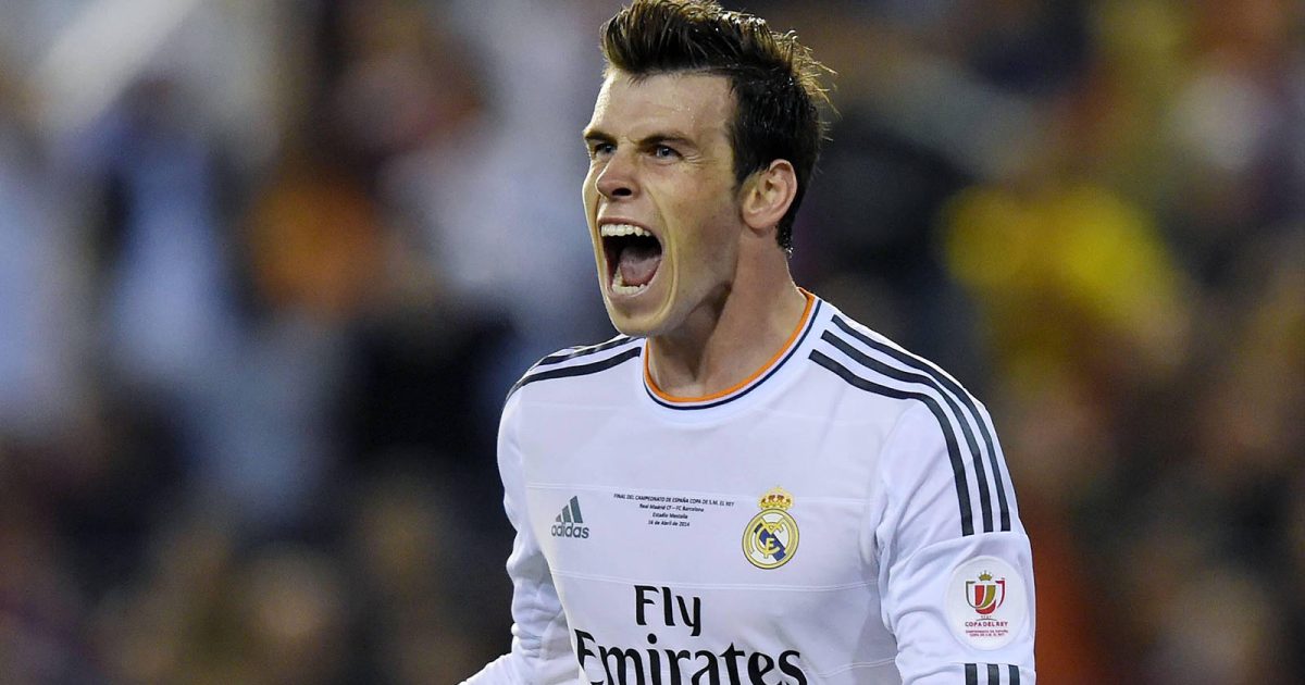 Mestalla, Valencia, Spain. 16th Apr, 2014. Copa Del Rey Cup final. Barcelona versus Real Madrid. Celebrations for the goal making it 1-2 from scorer Gareth Bale