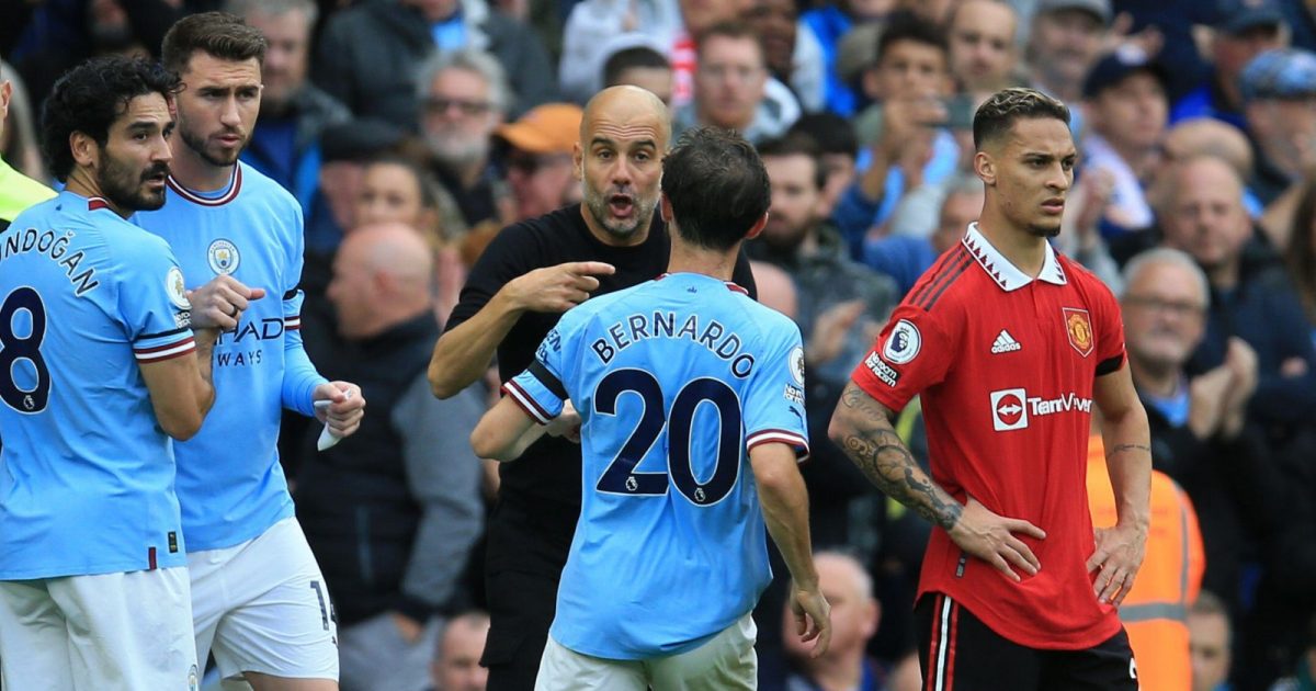 City Stadium, Manchester, UK. 2nd Oct, 2022. Premier League football, Manchester City versus Manchester United; Manchester City manager Pep Guardiola gives instructions to Bernardo Silva of Manchester City