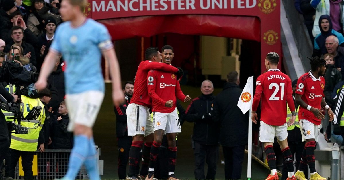 Manchester United's Marcus Rashford celebrates scoring his sides second goal during the Premier League match at Old Trafford, Manchester. Picture date: Saturday January 14, 2023.