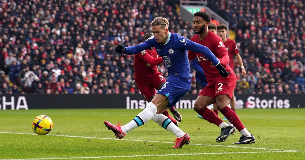 Chelsea’s Mykhailo Mudryk shoots during the Premier League match at Anfield, Liverpool. Picture date: Saturday January 21, 2023.