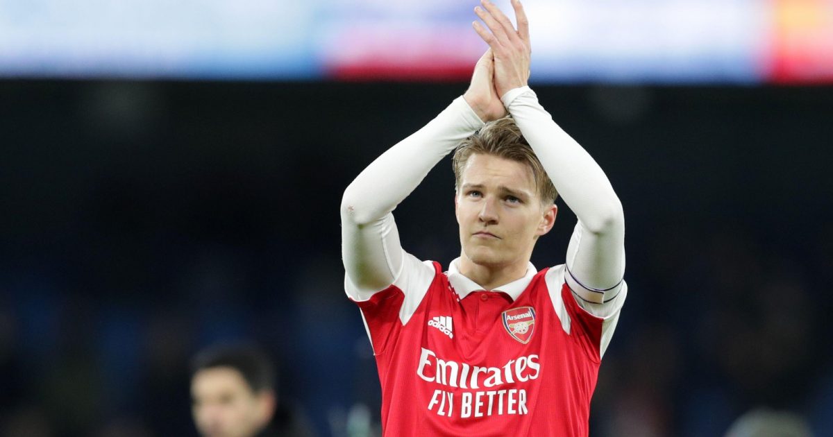 Martin Odegaard applauds the away fans after the FA Cup match between Manchester City and Arsenal at Etihad Stadium, Manchester, January 2023.