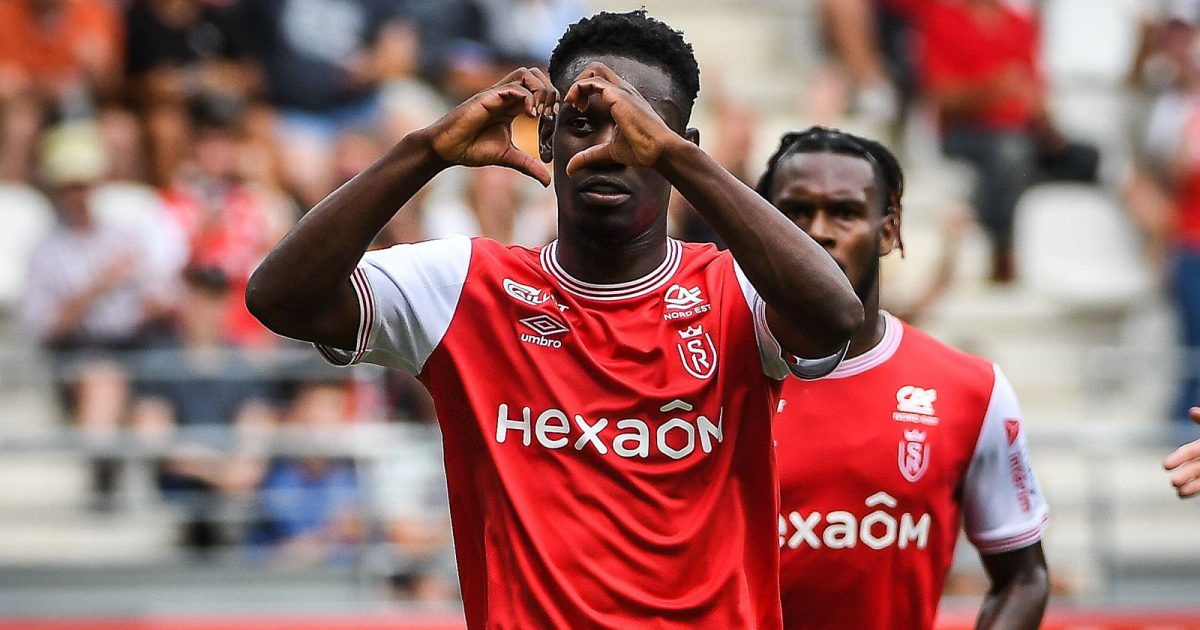 Arsenal loanee Folarin Balogun of Reims celebrates his goal during the French championship Ligue 1 football match between Stade de Reims and Clermont Foot 63 on August 14, 2022 at Auguste Delaune stadium in Reims, France