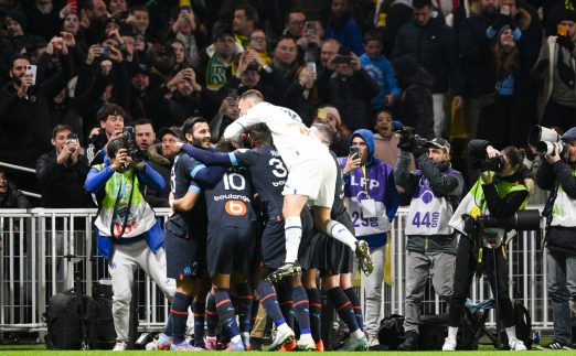 Marseille players celebrate Azzedine Ounahi's goal in their Ligue 1 match against Nantes at Stade de la Beaujoire, Nantes, February 2023.