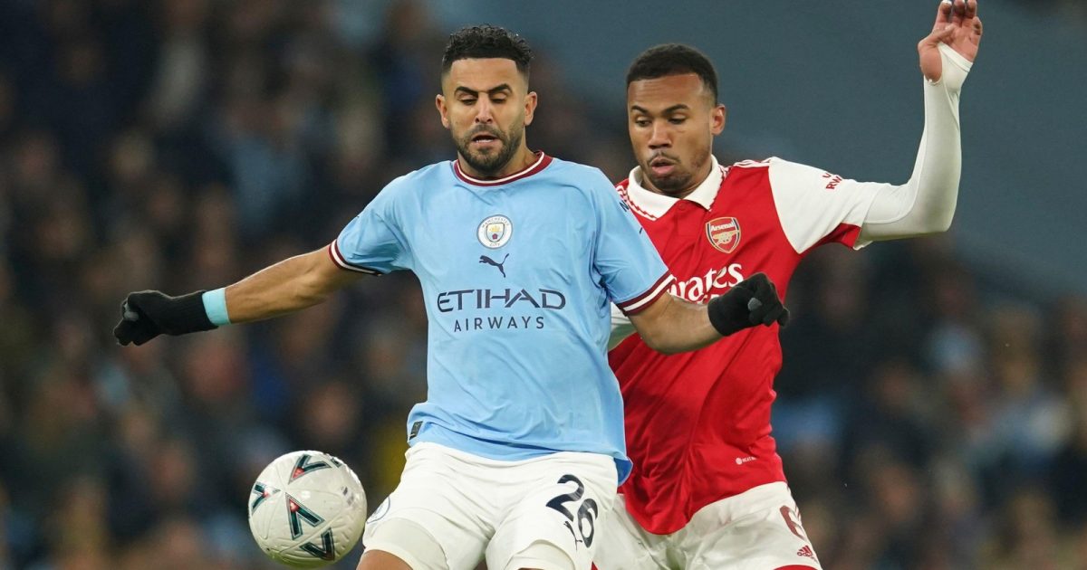 Riyad Mahrez and Gabriel challenge for the ball during the FA Cup match between Manchester City and Arsenal at Etihad Stadium, Manchester, January 2023.