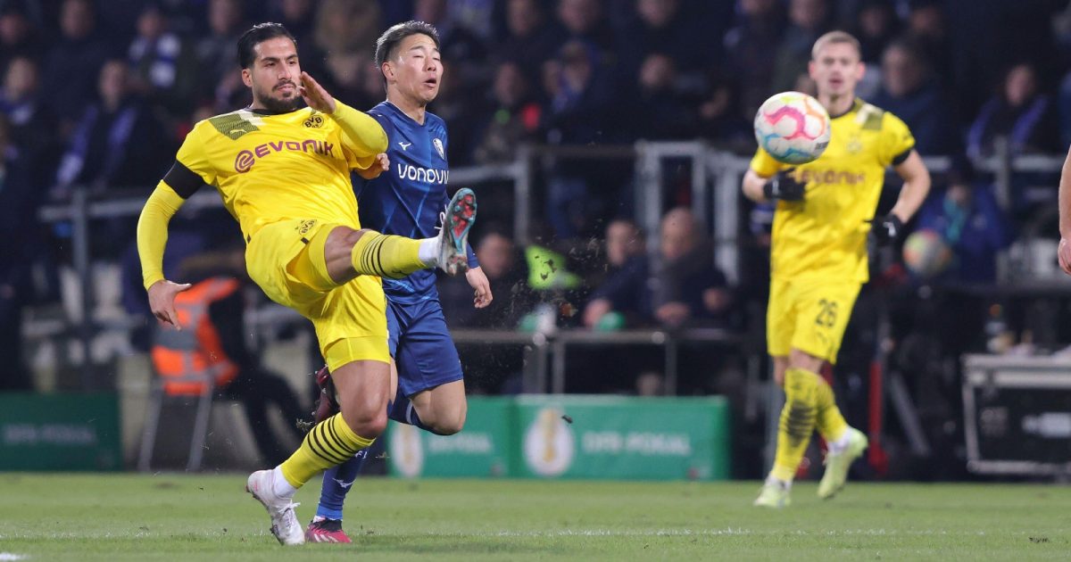 Emre Can shoots during the Bundesliga game between Bochum and Borussia Dortmund at Ruhrstadion, Bochum, February 2023.