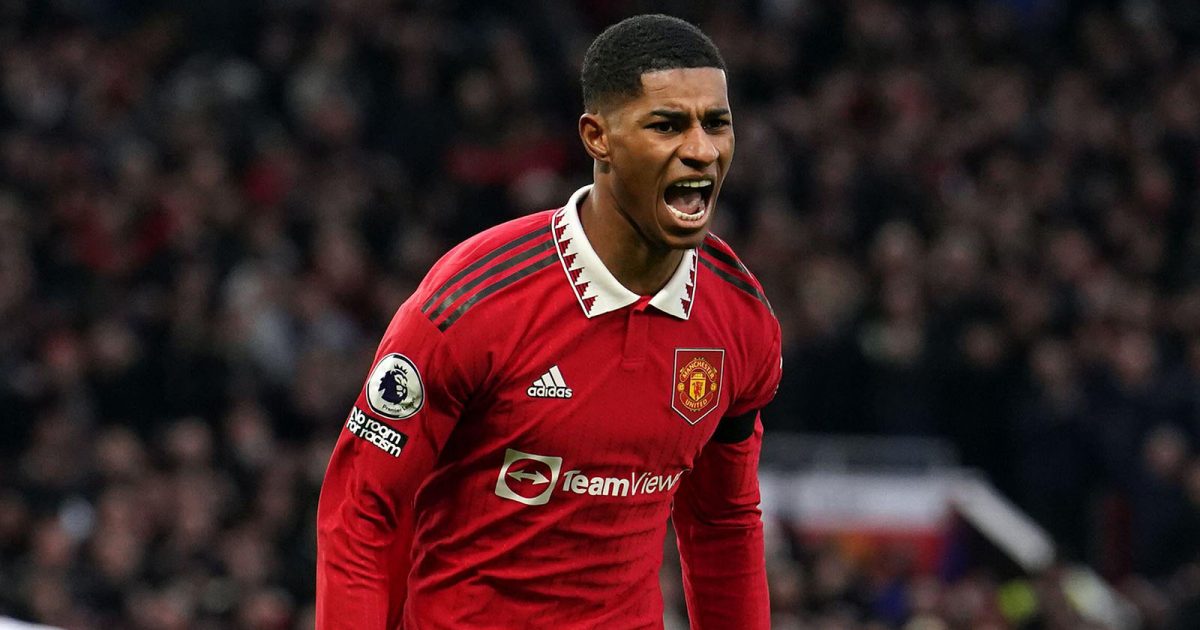 Manchester United's Marcus Rashford celebrates scoring the second goal of the game during the Premier League match at Old Trafford, Manchester. Picture date: Saturday February 4, 2023.