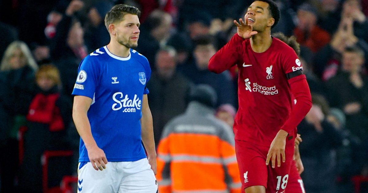 Liverpool's Cody Gakpo celebrates scoring their side's second goal of the game during the Premier League match between Liverpool and Everton at Anfield, Liverpool, February 2023.