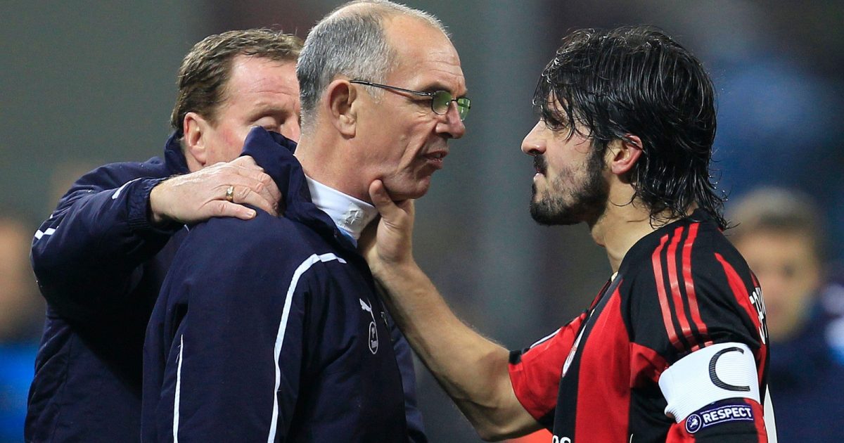 AC Milan's Gennaro Gattuso (R) argues with Tottenham Hotspur's first team coach Joe Jordan (C) next to manager Harry Redknapp during the Champions League match at San Siro, Milan, Italy, February 2011.