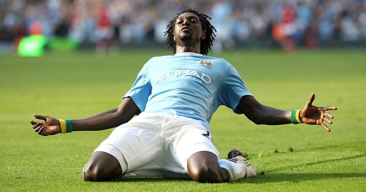 Emmanuel Adebayor celebrates scoring for Manchester City against Arsenal at Etihad Stadium, Manchester, September 2009.
