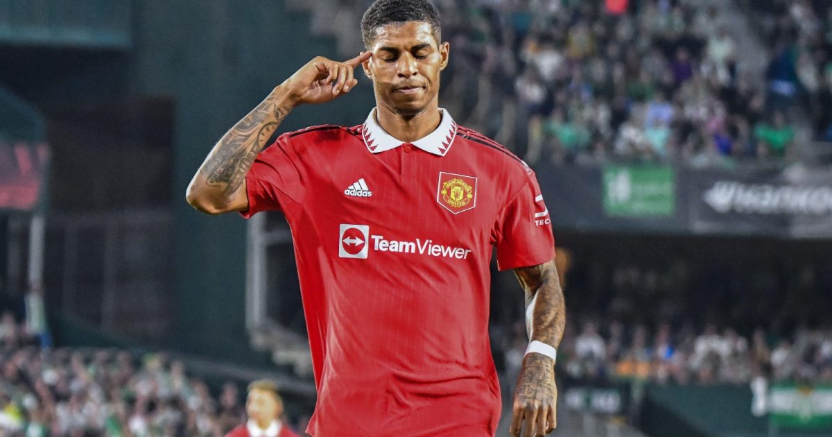 Marcus Rashford celebrates his goal against Real Betis Balompie during the UEFA Europa League Round of 16, 2nd Leg Real Betis vs Manchester United at Benito Villamarín Stadium, Seville, Spain, 16th March 2023